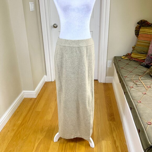 Ann Taylor Dresses & Skirts - Ann Taylor Skirt Maxi Vintage Silk Wool Tan Herringbone Tweed Slit Beige (6)